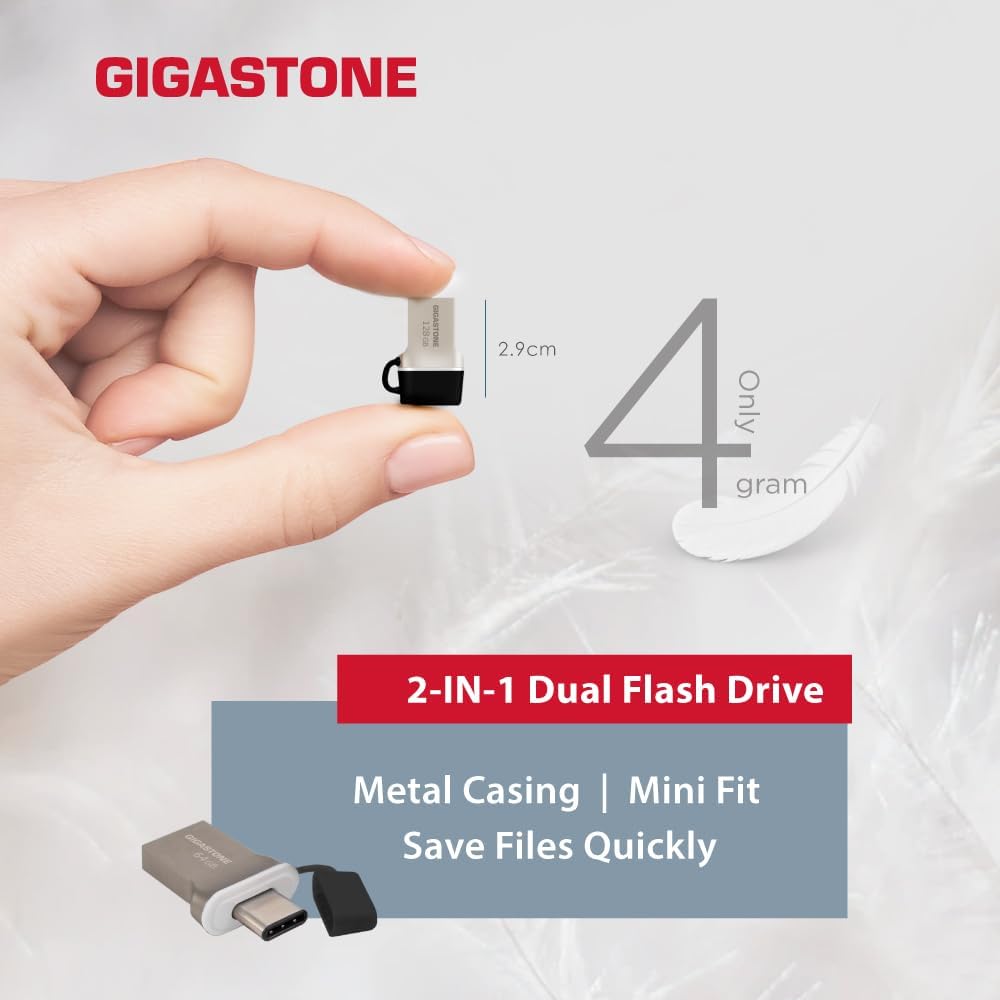 GIGASTONE 128GB Nano Luxus Dual Drive (5 Pack) Z50 USB 3.2 Gen 1, 2-in-1 USB-A & Type-C, 100MB/s Ultra Fast, Cap Design, Metal, Plug & Play for Smartphone/PC/Mac/TV/Car, 2.0/3.0/3.1 Compatible