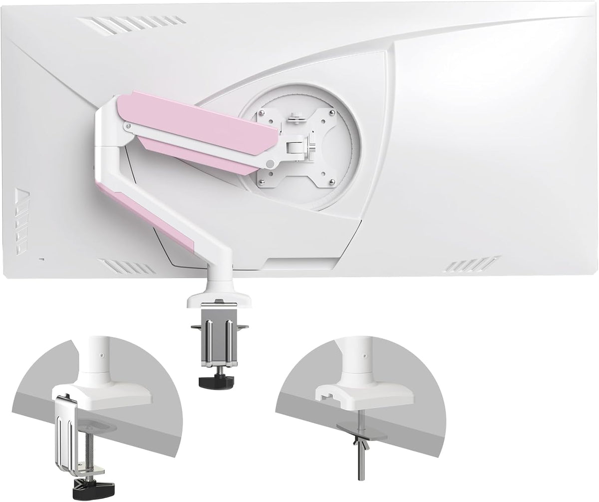PHOLITEN Single Monitor Arm Fits 13-32 inch,4.4-19.8lbs Screen, Fully Adjustable Gas Spring Arm, Computer Monitor Stand with VESA 75 * 75mm/100 * 100mm Mount,White & Pink