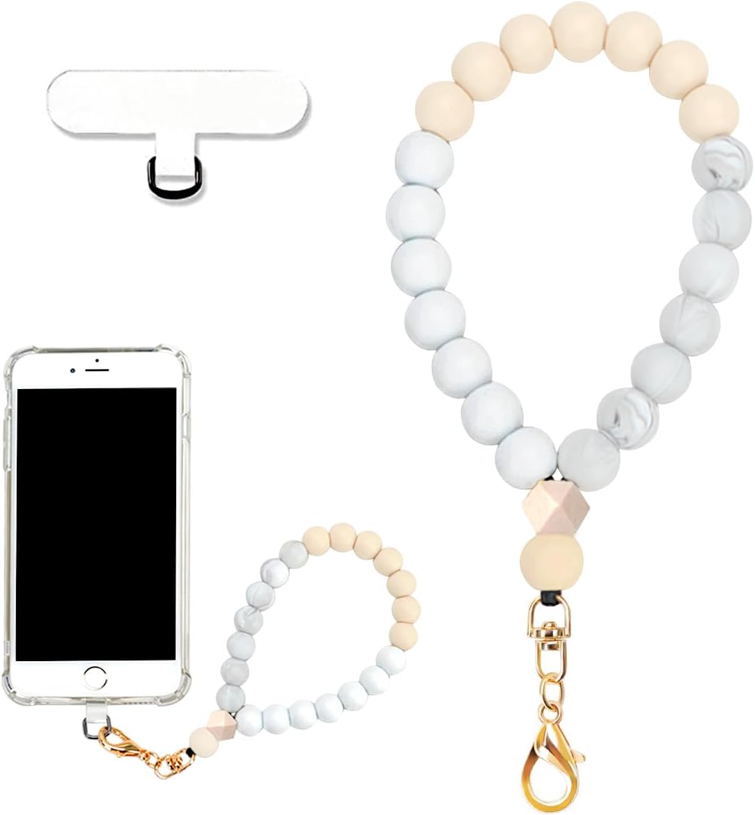 Marble Silicone Beaded Phone Wrist Strap, Cellphone Lanyard with Tether Tab, Elastic Hands-Free Wristlet Bracelet