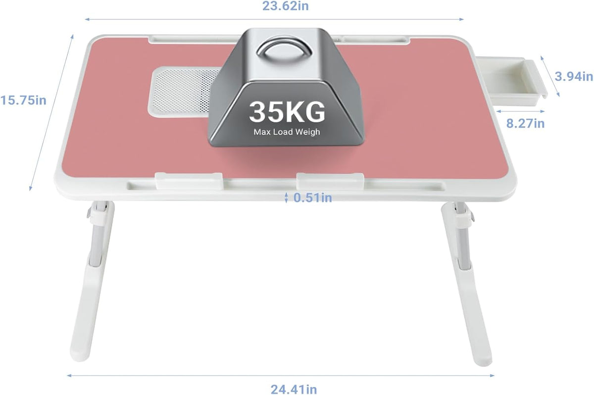 Laptop Lap Desk Include Cooling Fan,Adjustable Lap Desk with Light Fan,Folding Laptop Desk for Bed with USB,Bed Desk with Storage Drawer 60x40cm,Pink