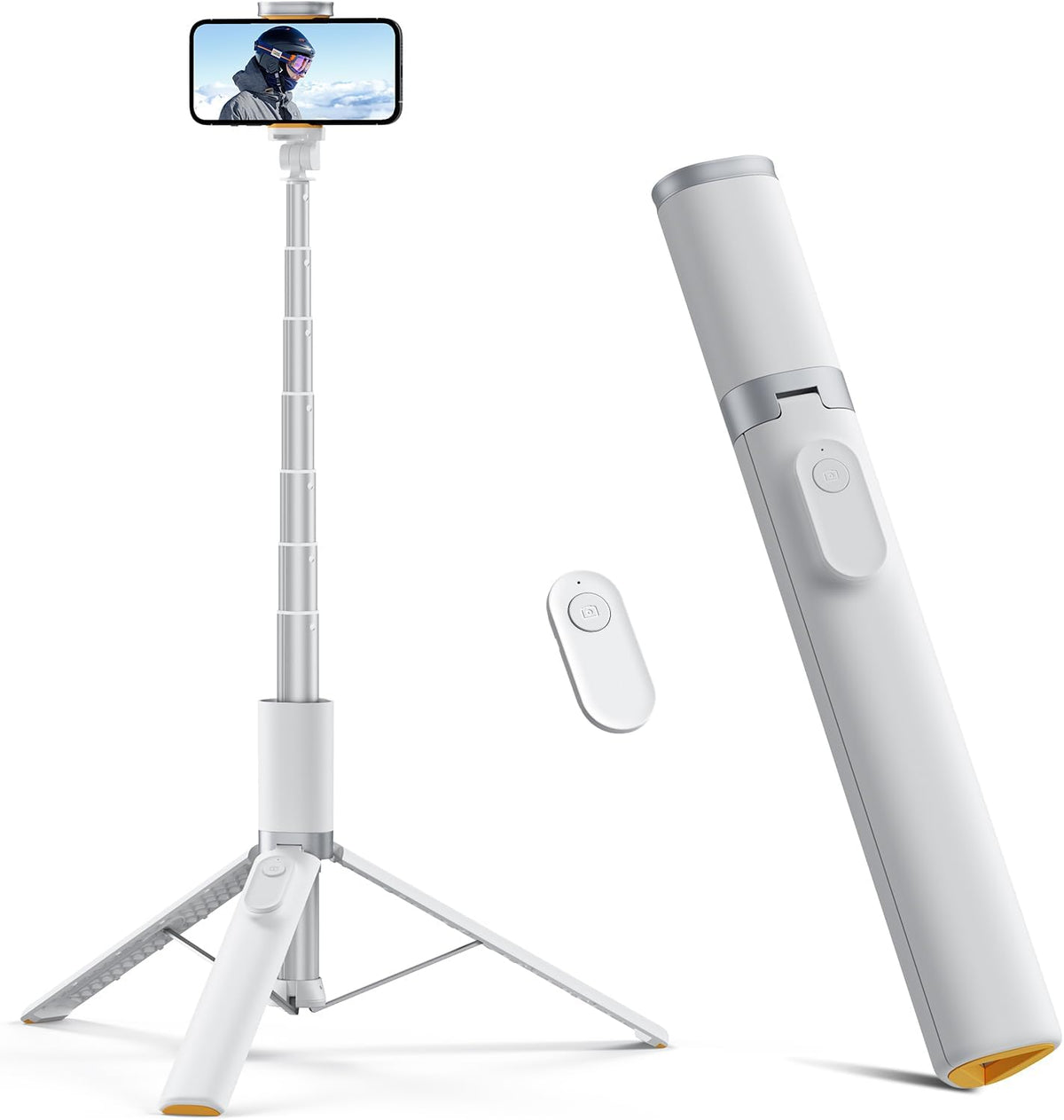 TODI 63" Phone Tripod, Extendable Selfie Stick with Wireless Remote and Phone Holder, Portable All-in-1 Cell Phone Tripod Stand for Video Recording, Compatible with iPhone/Android (White)