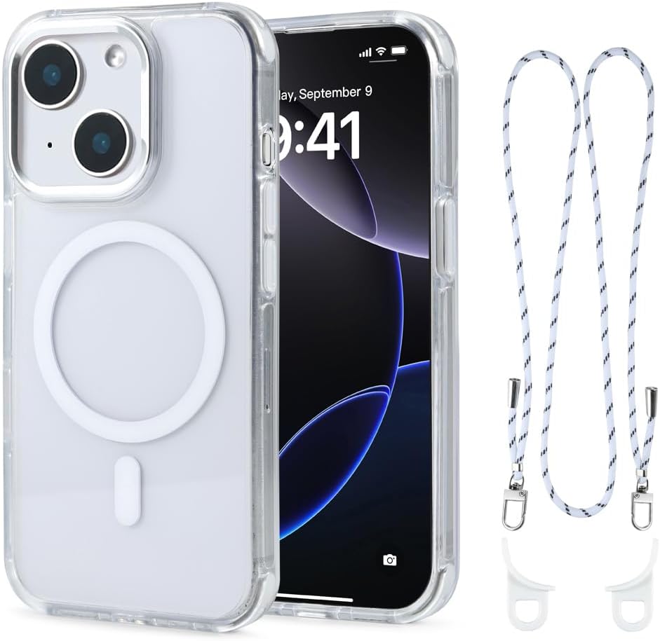 for iPhone 13/14 Case with 62.99 inch Lanyard, Classic Clear&White Magnetic Phone Case, Drop&Shockproof Protection Cases, Phone Lanyard for Around The Neck, Compatible with Magnet Accessory