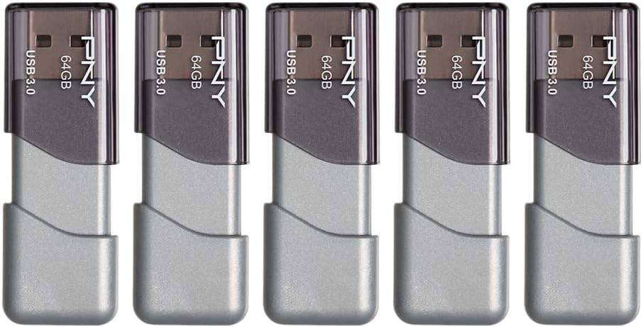 PNY 64GB Turbo Attaché 3 USB 3.0 Flash Drive, Silver (Pack of 5)