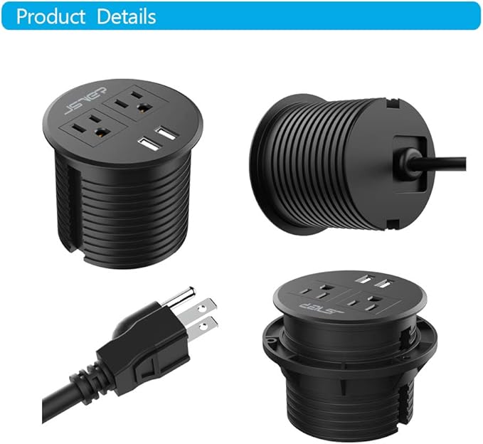 Desktop Power Grommet JSVER Mini Desktop Power Strip Hide Recessed Power Grommet Socket with 2 AC Outlets and 2 USB Charging Ports,Cable for a 3-1/8 Inch Desk Hole for Kitchen Table/Conference Room