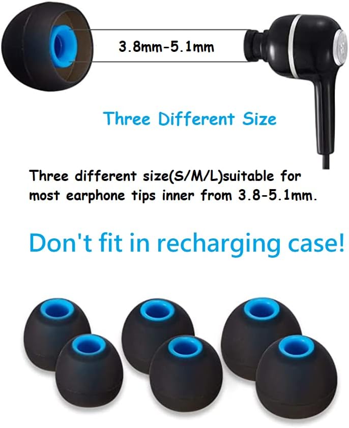 Earbuds Replacement Tips Silicone Earbud Tips Ear Gels Fit for Inner Hole from 3.8mm - 5.1mm Earphones 9 Pairs S/M/L Black-Blue