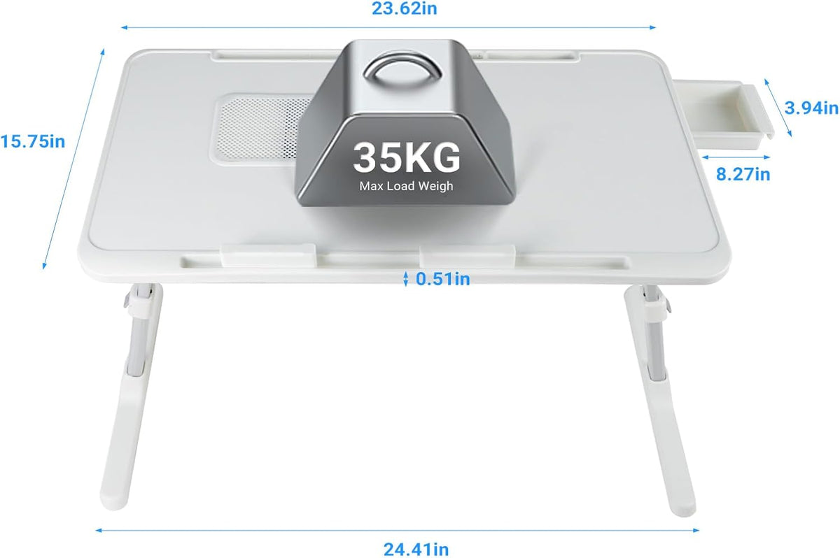 Laptop Lap Desk with Cooling Fan - Adjustable with Light, USB, Storage Drawer - Folding Bed Desk,23.62"*15.74",White