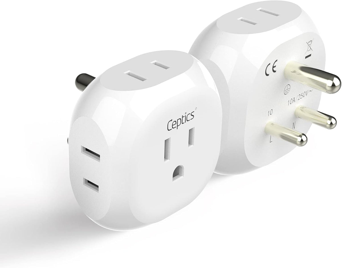Ceptics India, Pakistan Travel Adapter - 4 Input - Ultra Compact - Light Weight - USA to Any Type D Countries Such as Bangladesh, Maldives and More - 2 Pack (PT-10)