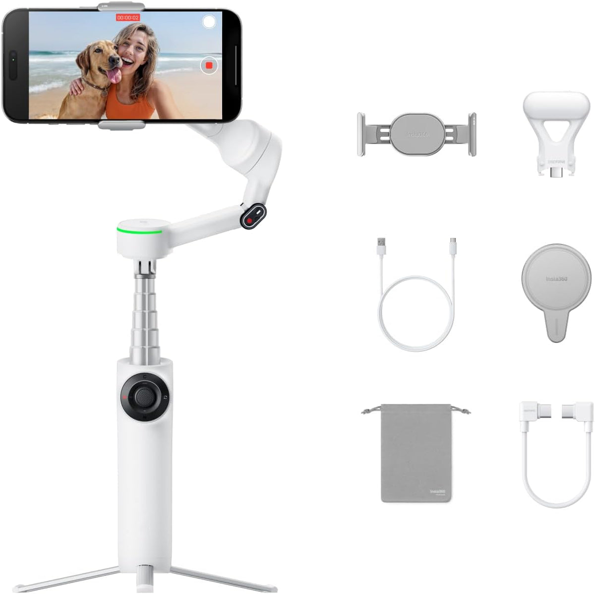 Insta360 Flow 2 Pro Creator Bundle White - Foldable AI Phone Gimbal, Apple DockKit, 360º Pan Tracking, Free Tilt Mode, Built-In Tripod/Selfie Stick, Portable Vlog/Travel Stabilizer, Spotlight, MagSafe