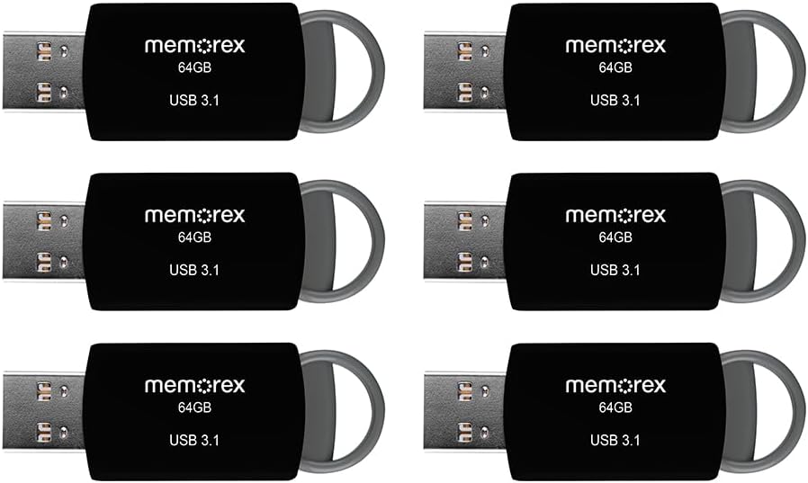 64GB Memorex USB 3.1 Flash Drive – Transfer Speeds Up to 10x Faster Than USB 2.0, Latest USB 3.1 Gen 1 Technology, Lightweight Design, for Daily File Management, Type-A Connector, 6-Pack