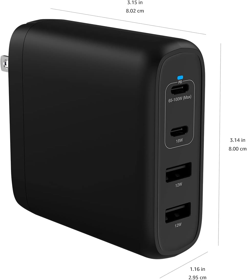 Amazon Basics 100W Four-Port GaN Wall Charger w/ 2 USB-C (100W,18W) & 2 USB-A Ports (12W) w/PD for Laptops, Tablets & Phones (iPhone 16/15/14/13/12/11/X, iPad, Mac, Samsung, and More), Non-PPS, Black