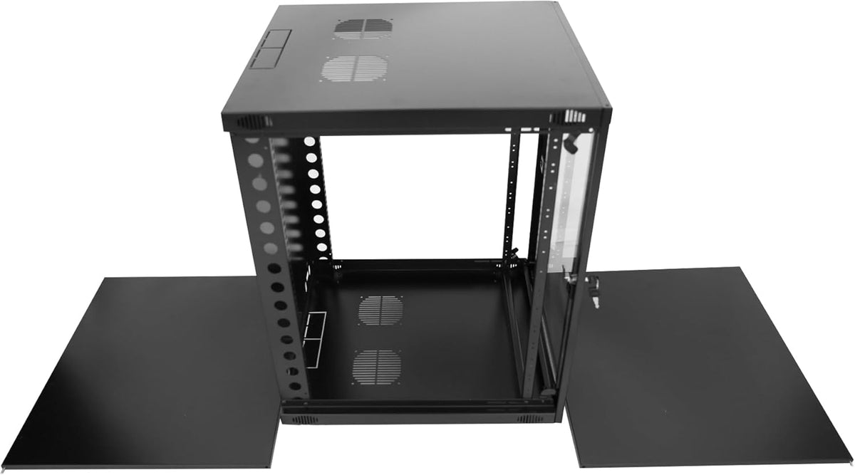 9U Server Cabinet Wall Mount Rack Enclosure with Caster Wheels 2 Server Fans Locking Glass Door Removable Side Panels 19" Network Cabinet 15-18.5" Installation Depth Heavy-Duty Frame(23INCH, 9U)
