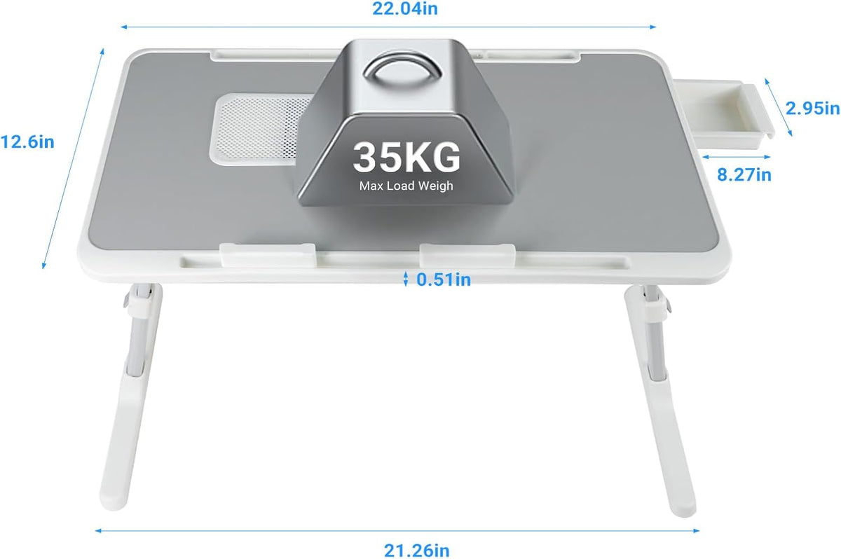 Laptop Lap Desk with Cooling Fan - Adjustable with Light, USB, Storage Drawer - Folding Bed Desk,22.04"*12.59",Grey