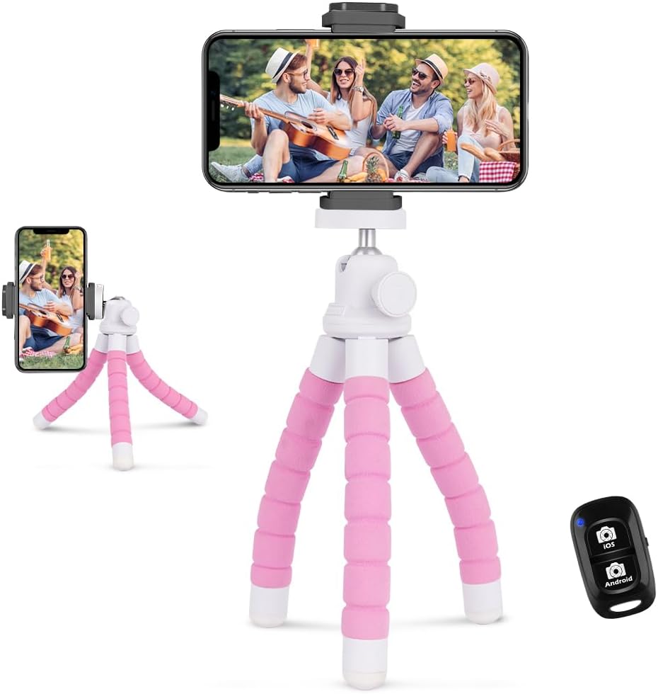 Ubeesize Portable Tripod Stand with Wireless Remote & Clip, Flexible Phone Holder for Video Recording (Pink)