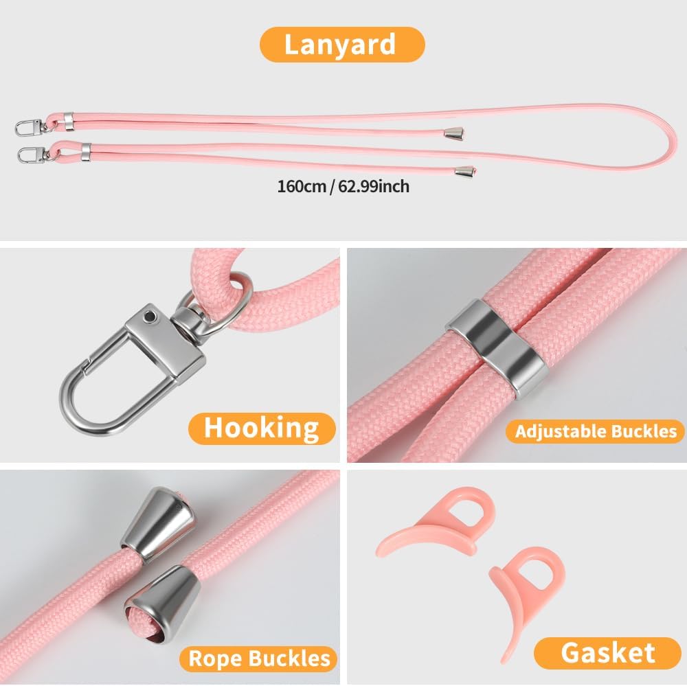 for iPhone 16 Case with 62.99 inch Lanyard, Classic Clear&Pink Magnetic Phone Case, Drop&Shockproof Protection Cases, Phone Lanyard for Around The Neck, Compatible with Magnet Accessory