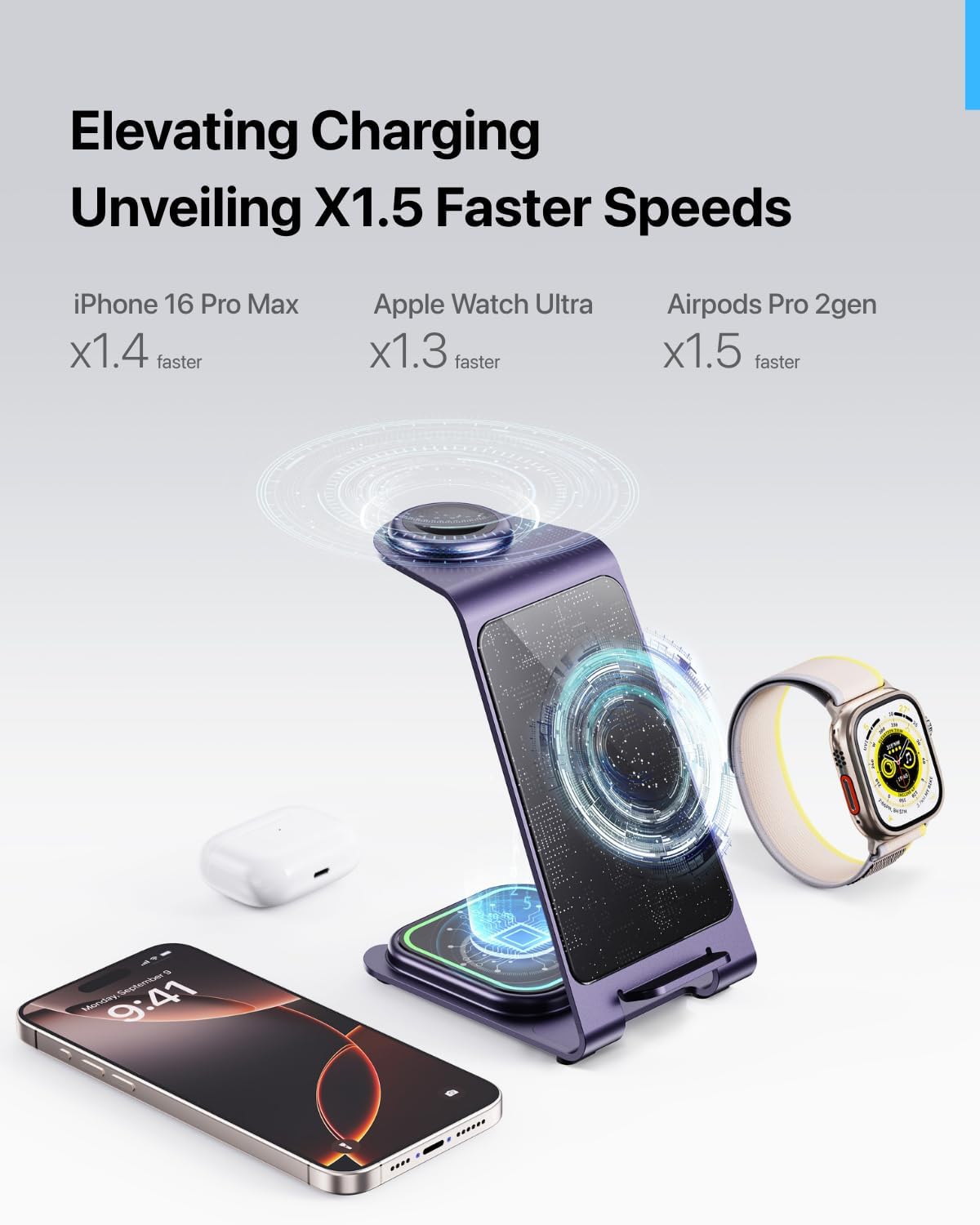 Intoval 3 in 1 Wireless Charging Station for iPhone 16 15 14 13 12 11 X Pro Max, Wireless Charger for Apple Watch 10 Ultra 3 SE 9 8 7 6 5 4 3 2, for AirPods 4 Pro Pro 2 3 (Y93, Purple)