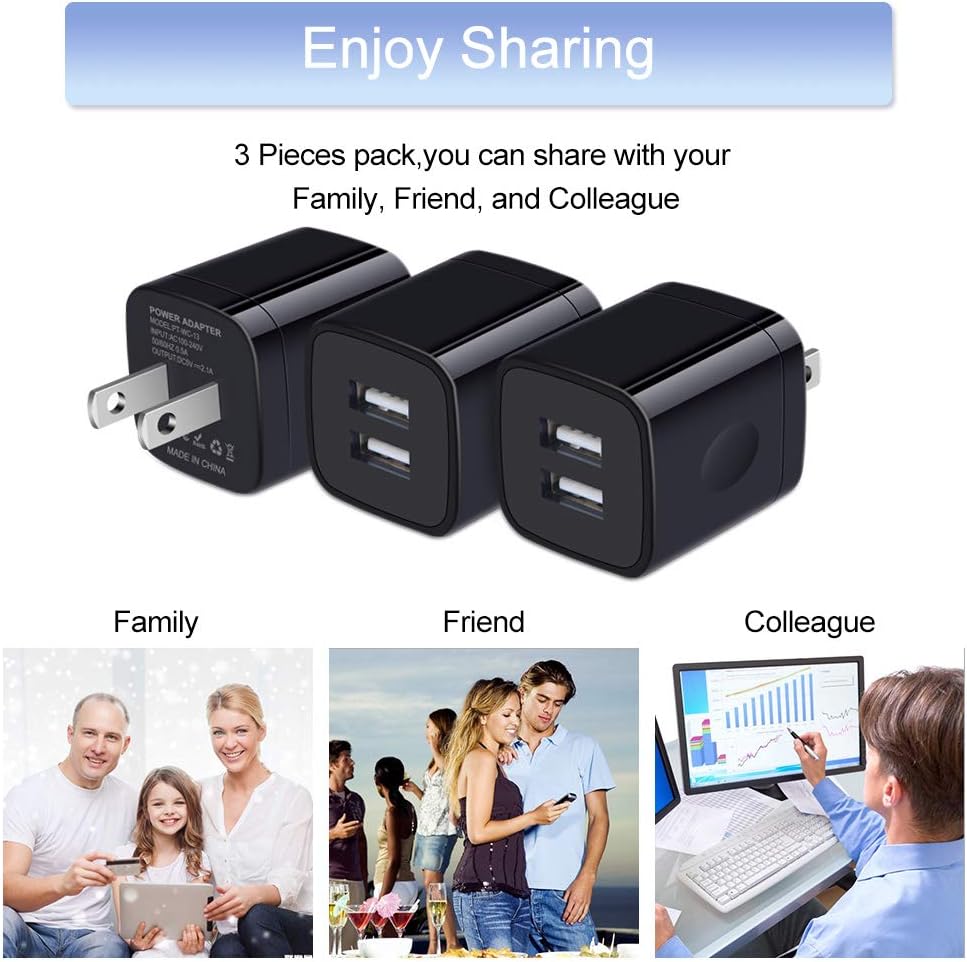 USB Wall Charger Box, 3Pack 2.1A Dual USB Charging Block Brick Cube Power Adapter for Phone 16/15/14/13/12 Pro Max/SE/8, Samsung S25 A15 5G A35 A14 S24 S23 S22 S21 FE/Ultra, Google Pixel 8a, LG, Moto