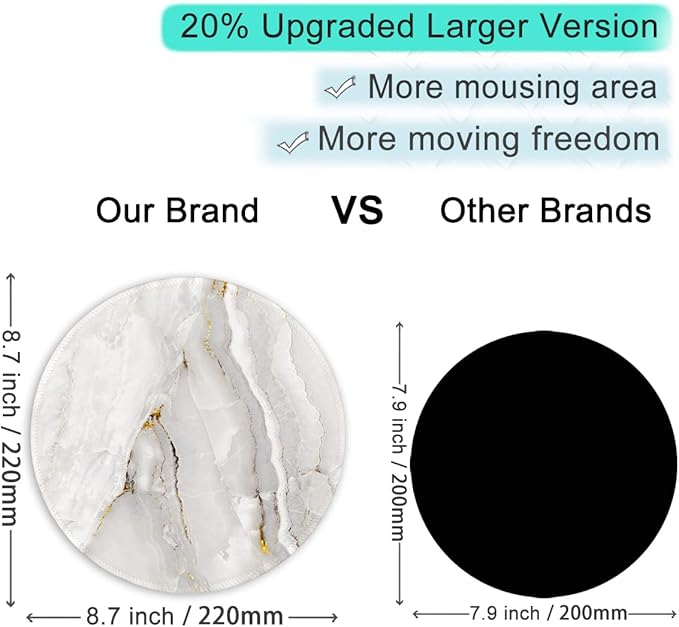 ITNRSIIET Round Mouse Pad with Stitched Edge Premium-Textured Waterproof Non-Slip Rubber Base Desktop Protection Mat Diameter 8.7 inches, White Textured Marble