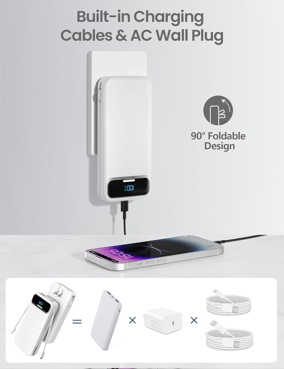 12000mAh Lightweight-Portable-Charger-Power-Bank with Built-in Cables and AC Wall Plug, PD20W USB-C Fast Charging Battery Pack, LED Display External Travel Phone Charger for All iPhone,Samsung,Android