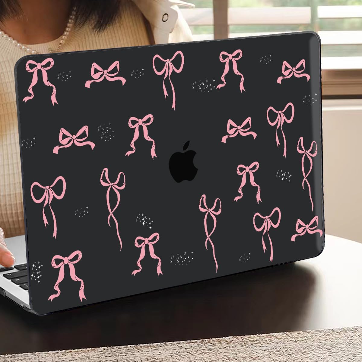 for 2020 2021 2022 MacBook Pro 13 inch Case M2 M1 A2338 A2289 A2251 with Touch Bar & Touch ID, Printed Pattern Plastic Hard Shell Case Keyboard Cover Screen Protector, Pink Bowknot Black