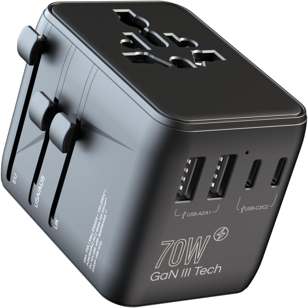 70W International European Travel Plug Adapter - HICHOR Fast Universal Travel Plug Adapter for US to Europe Worldwide Adaptor 1 AC Outlet 2 Type-A 3 Type-C EU UK Spain Australia Ireland Italy
