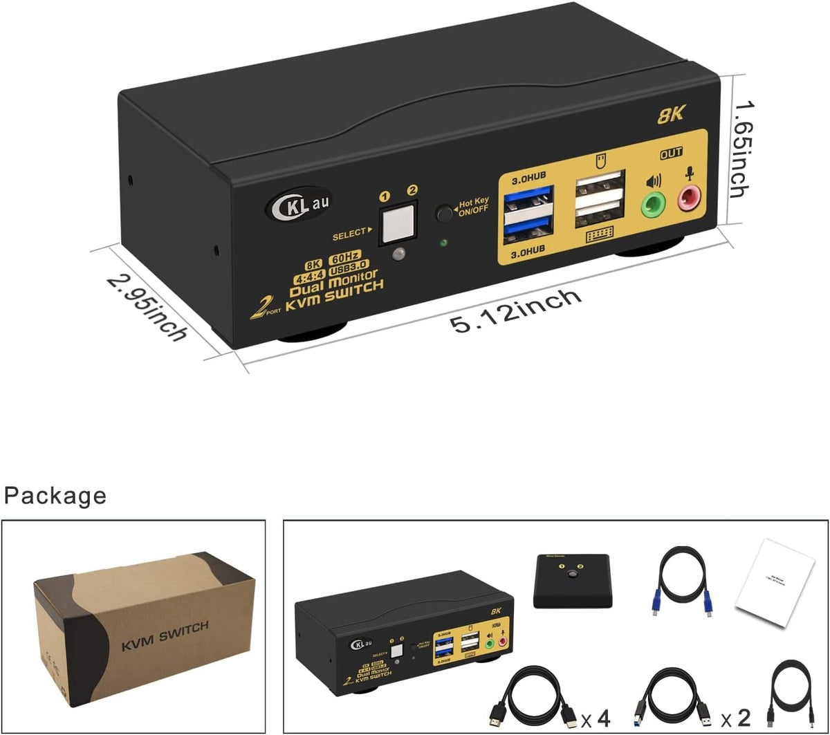 CKLau 2 Port USB 3.0 Dual Monitor HDMI KVM Switch 8K@60Hz 4K@144Hz with Audio Output and Cables Support HDMI 2.1, HDCP, HDR