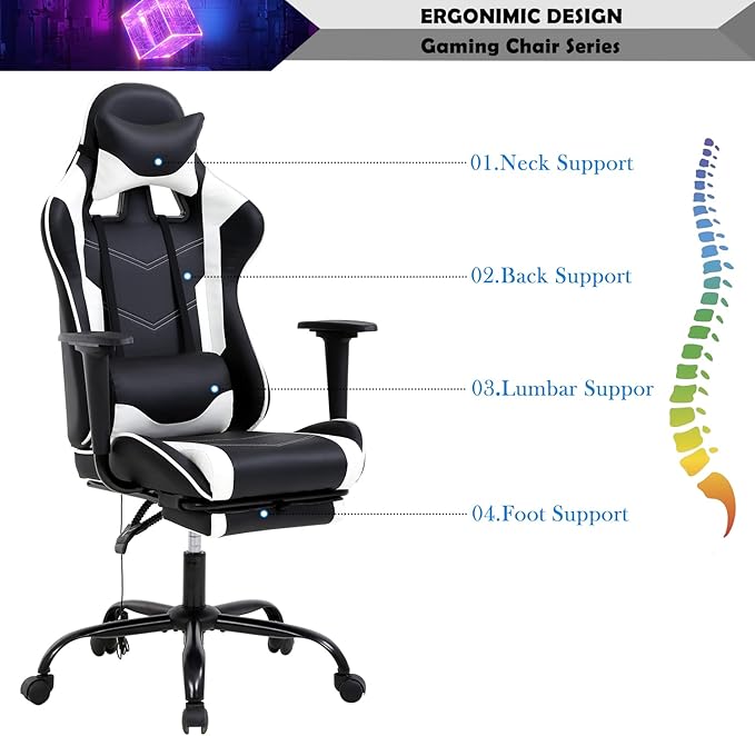 Video Game Chair Ergonomic PC Gaming Chair PU Leather Computer Game Chair with Headrest and Footrest Adjustable Armrest High Back Lumbar Support Racing Swivel Chair for Adults Kids White