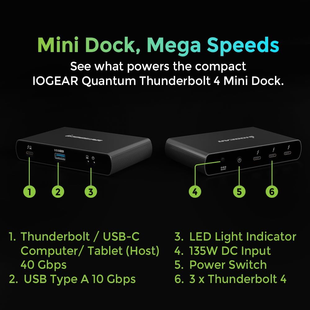 IOGEAR Quantum Thunderbolt 4 Mini Dock, Single 8K / Dual 4K Display, Up to 3 USB-C or Thunderbolt 4 Devices, 40 Gbps (Win 10, 11 / Mac M2 Pro M3 Pro) GTD4MHTAA