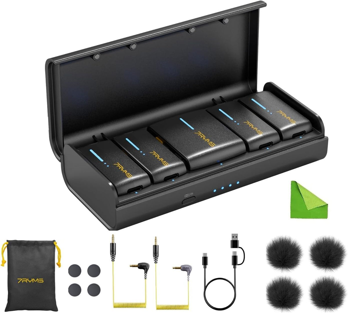 7RYMS iRay DW40 Wireless Lavalier Microphone with Four Transmitters One Charging Case Support AI Denoise, 48kHz/24bit Recording for Video Vlog, Interview, Live Streaming, Podcasting-Black