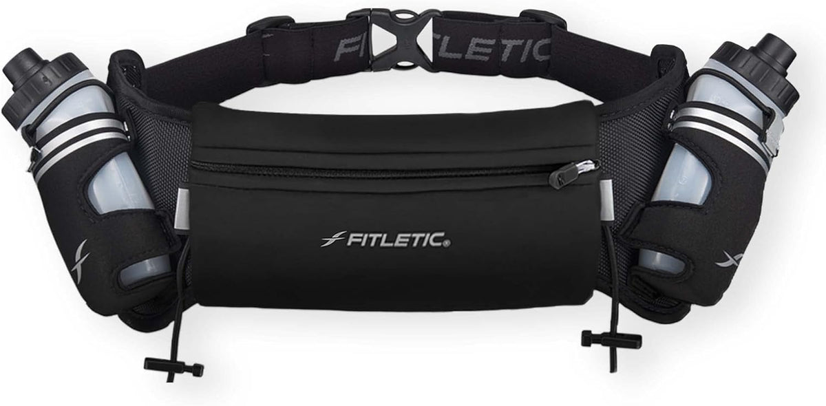 Fitletic Hydration Running Belt with Water Bottles for Men & Women – 2 Quick Flow 8oz Running Water Bottles, Patented Bounce Free Design, Water Resistant Pouch Fits All Phones – Hydra 16