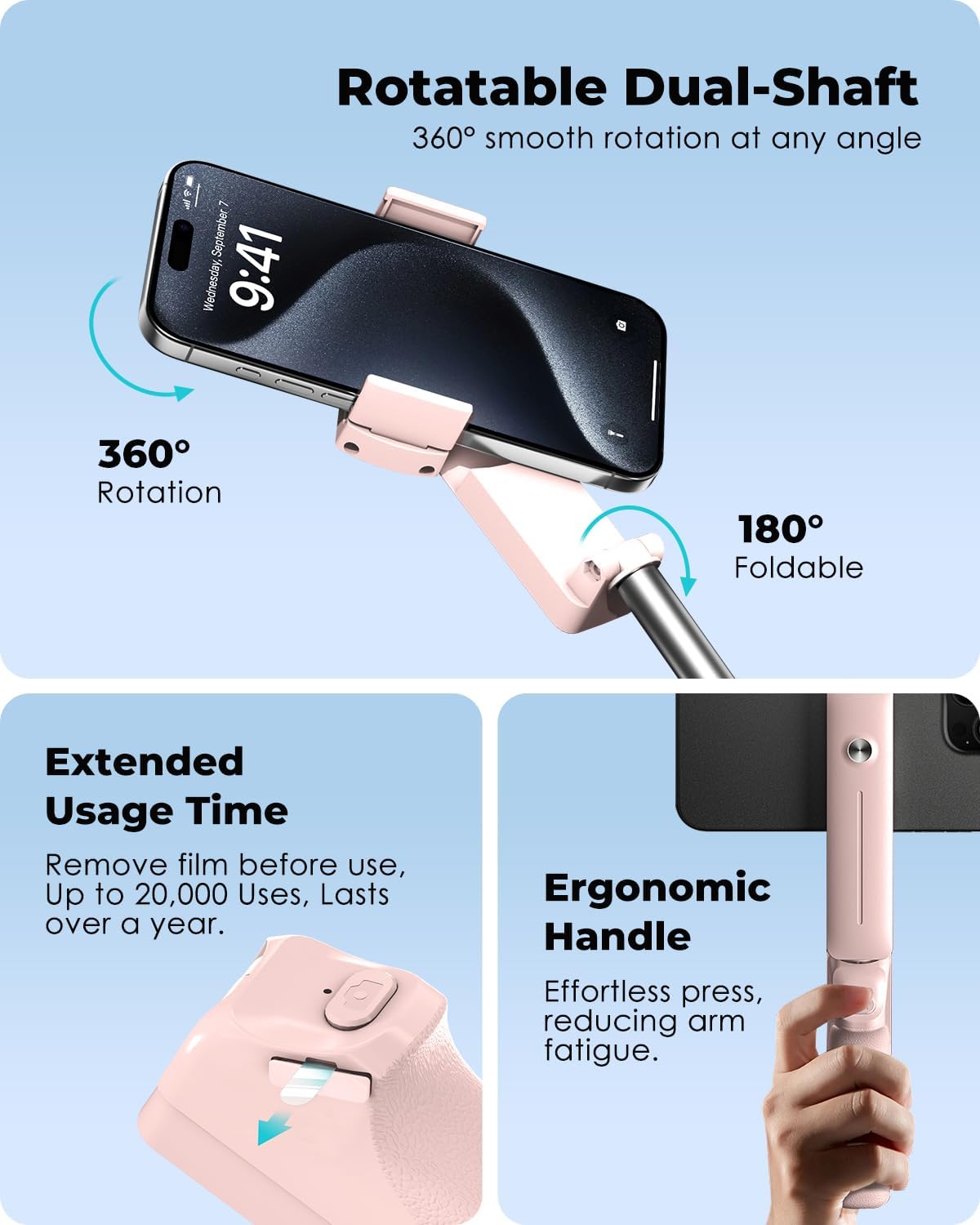 Viozon Portable Selfie Stick, Lightweight Extendable Stainless Steel Tube,All-in-One Compact Selfie Stick with Wireless Remote Compatible with 4-7" iPhone/Android Phones for Vlog/Travel/Filming, Pink