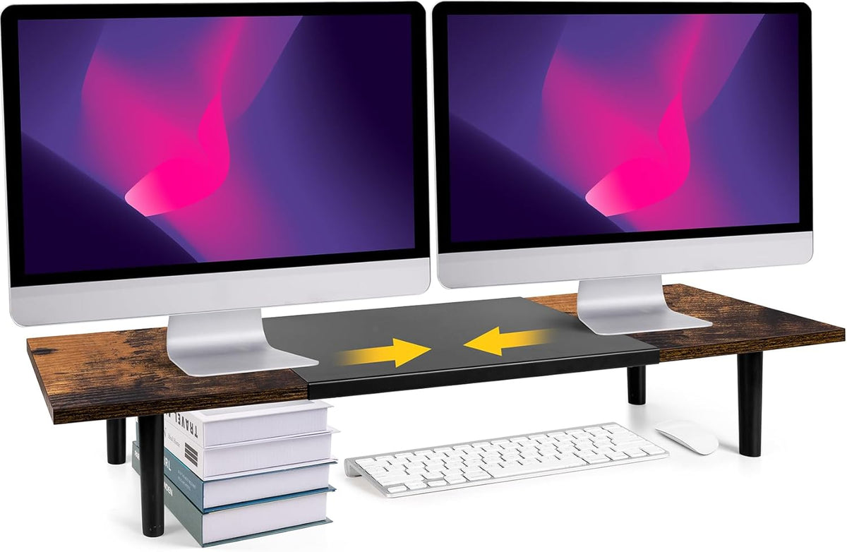 Dual-Monitor-Stand-Riser-For-Desk Adjustable Length 32-40 Inch, Large Desktop Computer Monitor Riser For 2 Screens, Desk Shelf Organizer Riser Stand For Computer/Laptop/PC/Printer/TV Brown