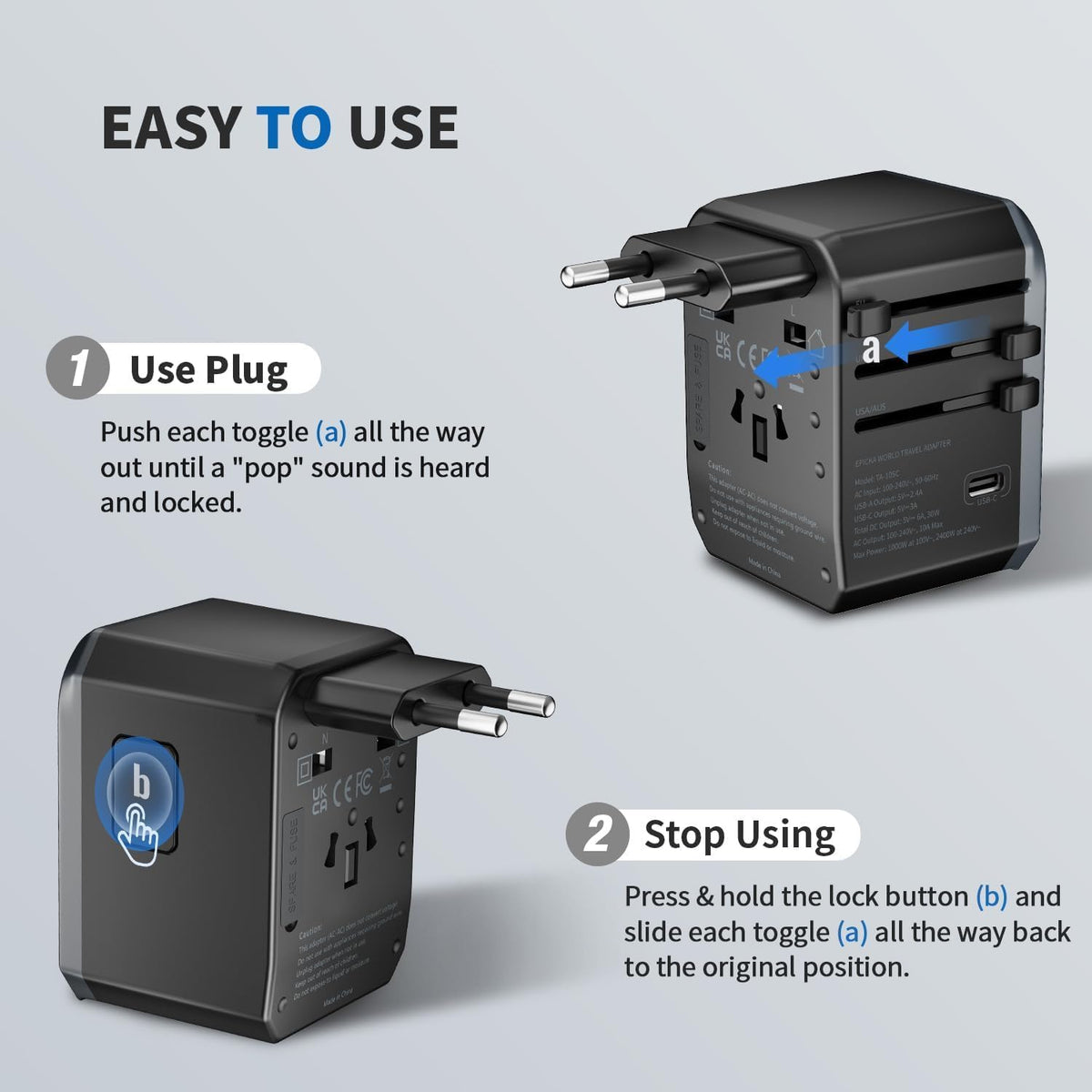 EPICKA Universal Travel Adapter, International Power Adapter with 2 USB-A & 3 USB-C Ports Wall Charger - Worldwide Travel Essentials, European Travel Plug Adapter for UK/US/AU (TA-105C, Black)
