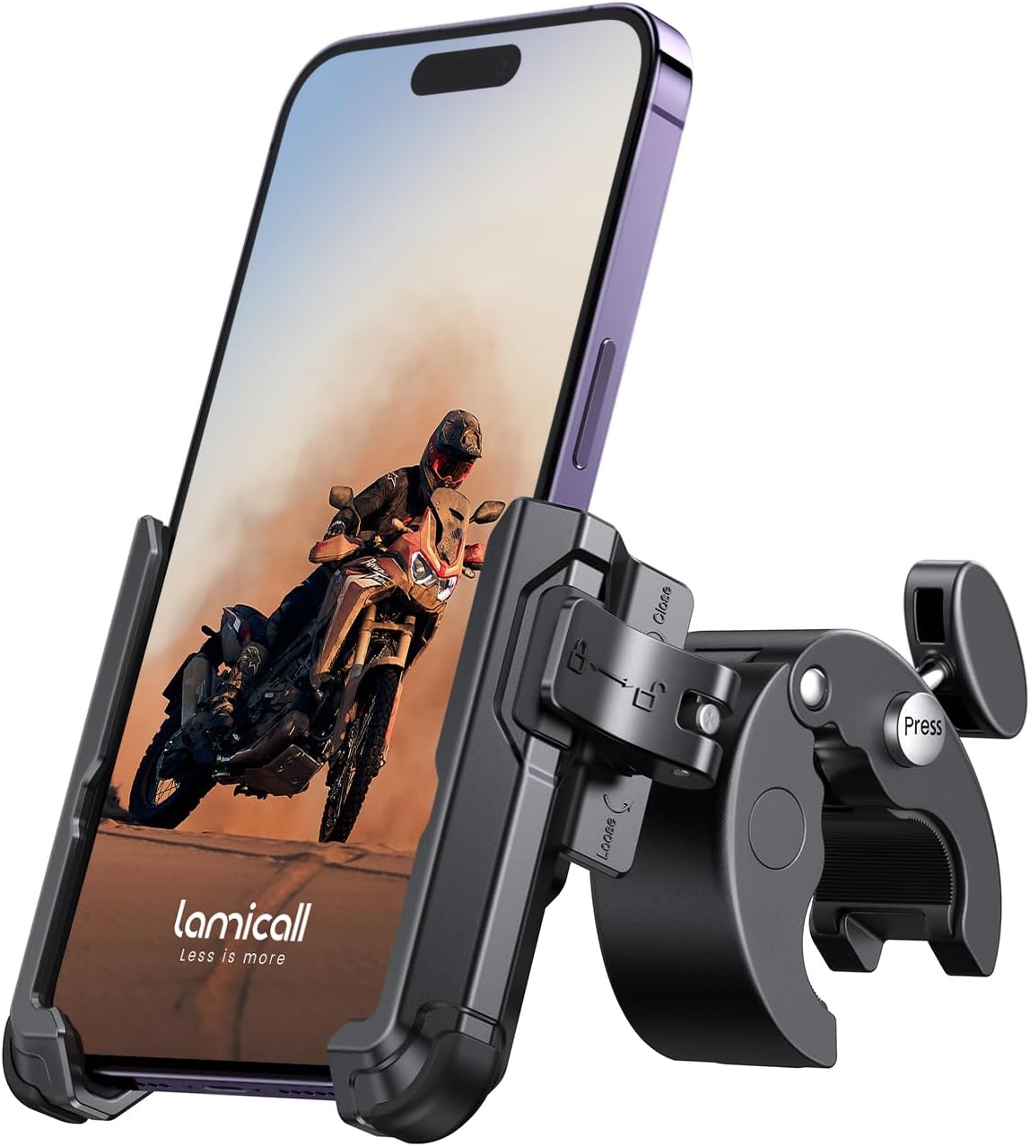 Lamicall Motorcycle Phone Mount Holder - [Camera Friendly] [1s Lock] Bike Phone Holder Handlebar Clamp, Bicycle Scooter Phone Clip, for iPhone 16 Pro Max, 15 14 13, Galaxy S25 Ultra, 4.7-7" Phones