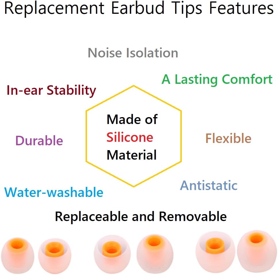 Earbuds Replacement Tips Silicone Earbud Tips Ear Gels Fit for Inner Hole from 3.8mm - 5.1mm Earphones 9 Pairs S/M/L Clear Orange