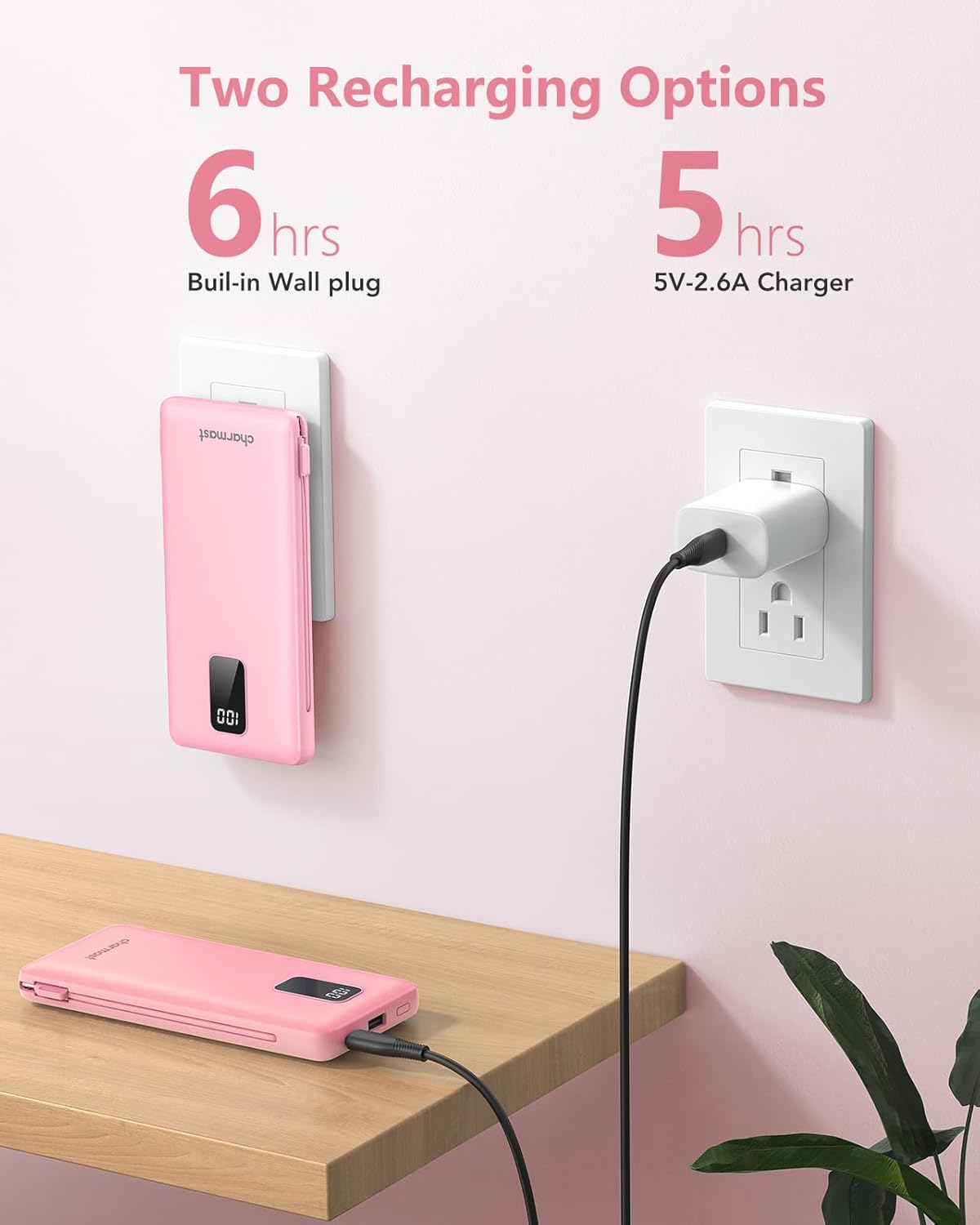 Charmast Portable Charger with Built-in Cables & Wall Plug, 10000mAh Portable Power Bank, External Battery Pack Travel Essentials Compatible with iPhone 16/15/14/13, Samsung, iPad etc