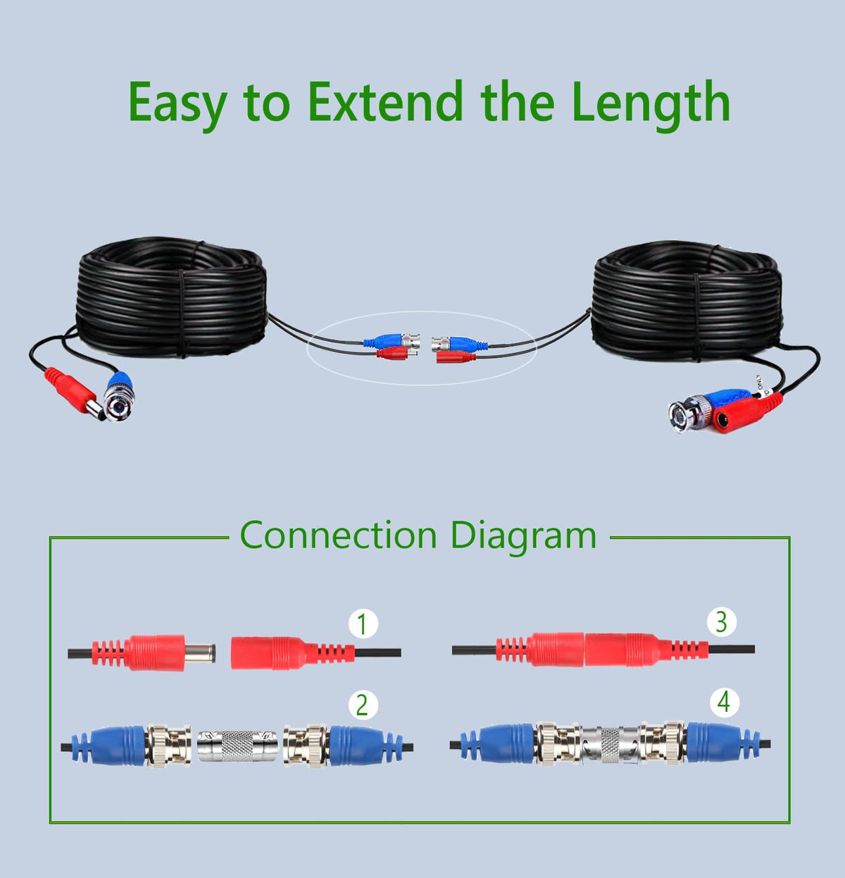 4-Pack 60ft Black Pre-Made All-in-One BNC Male to Male Video and Power Cable Wire Cord with RCA Connector for CCTV Security Camera