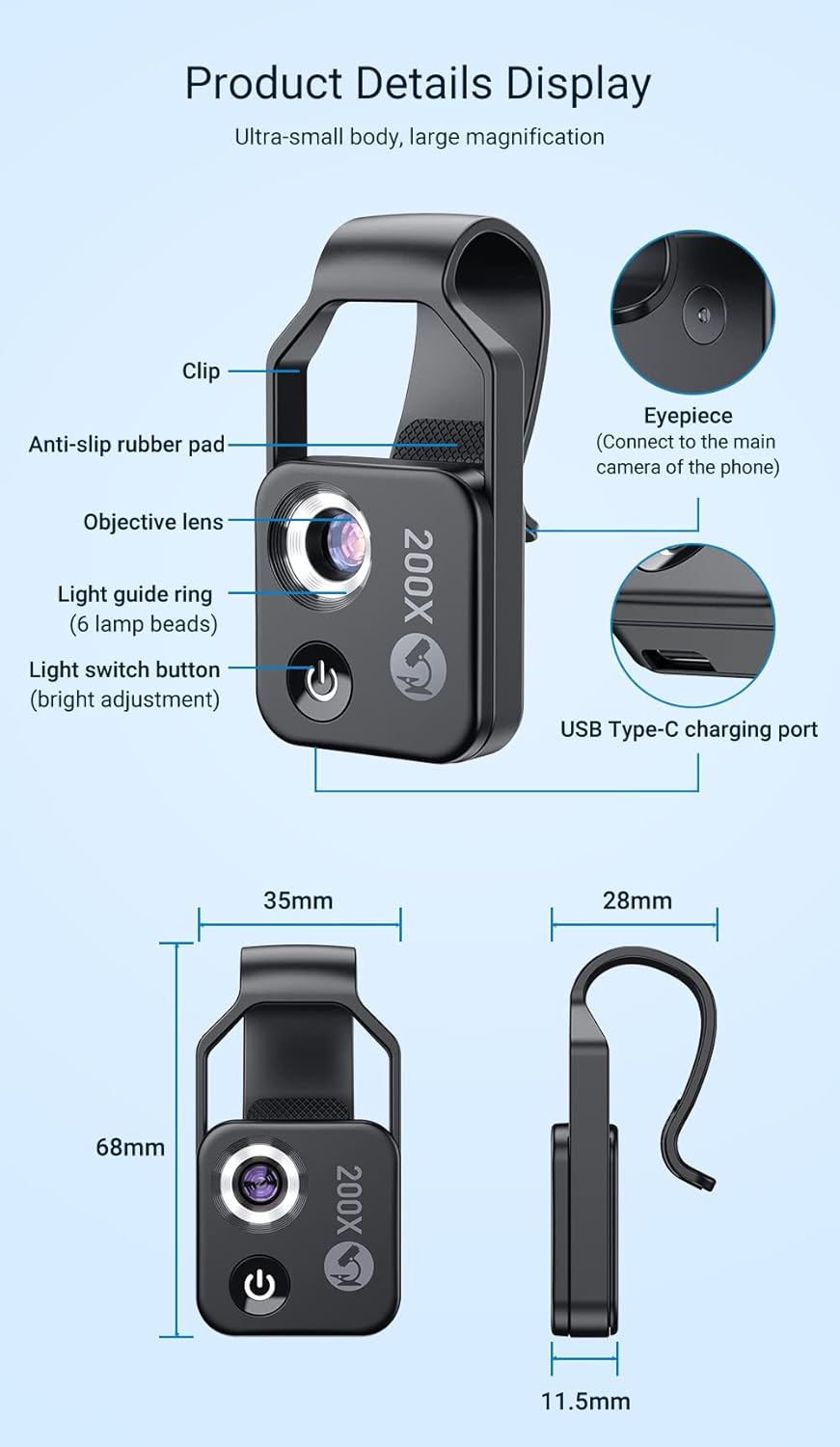 200X Magnification Microscope Lens withCPL Mobile LED Light Micro Pocket Macro Lenses for iPhone Samsung All Smartphones (Black with CPL)
