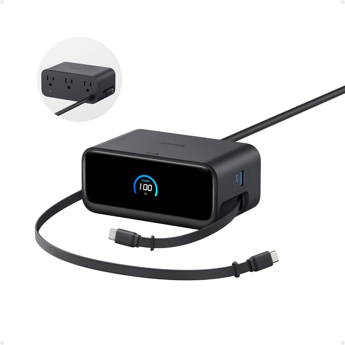 Anker Nano Charging Station, 7-in-1 USB-C Power Strip for iPhone 16, 2.3 ft Anker InstaCord Retractable Cable, 3 USB-C, 1 USB-A, 3 AC, 100W Desktop Fast Charging for MacBook, Home, Office(Non-Battery)