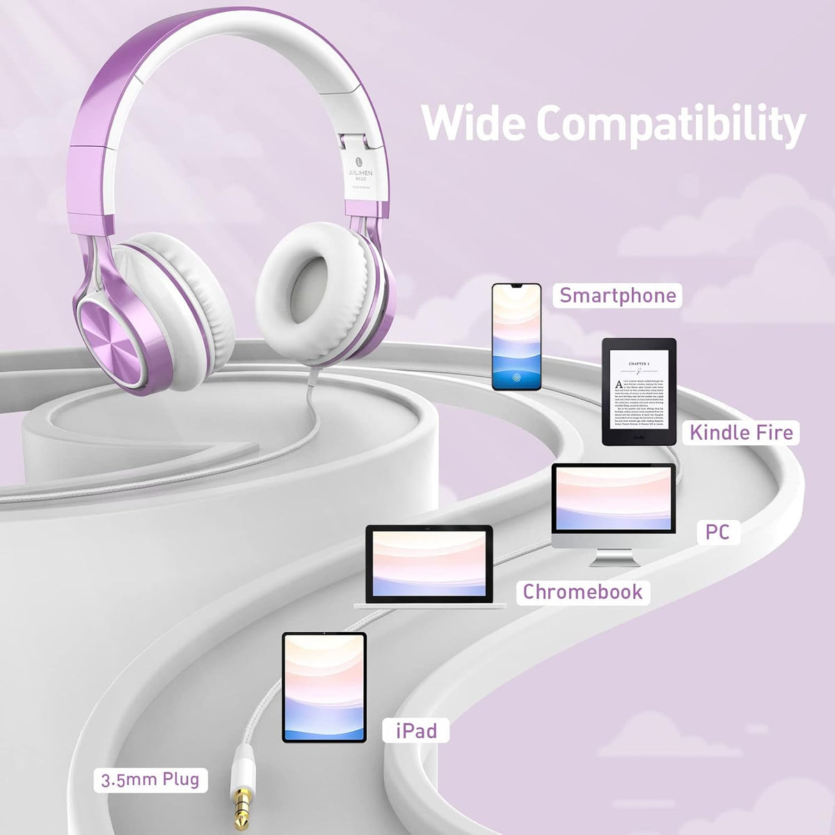 AILIHEN MS300 Purple Girl Headphones Wired with Microphone for Chromebook Laptop Computer, 3.5mm Foldable Lightweight on-Ear Headphones for School Teen Students