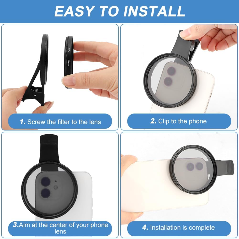 67MM Clip-on CPL Lens Filter for All Smartphones, Universal Phone Camera Clip Polarizing Lens, Portable Clip On Phone Filter Kit with Lens Cover and Storage Bag(Color:Black)
