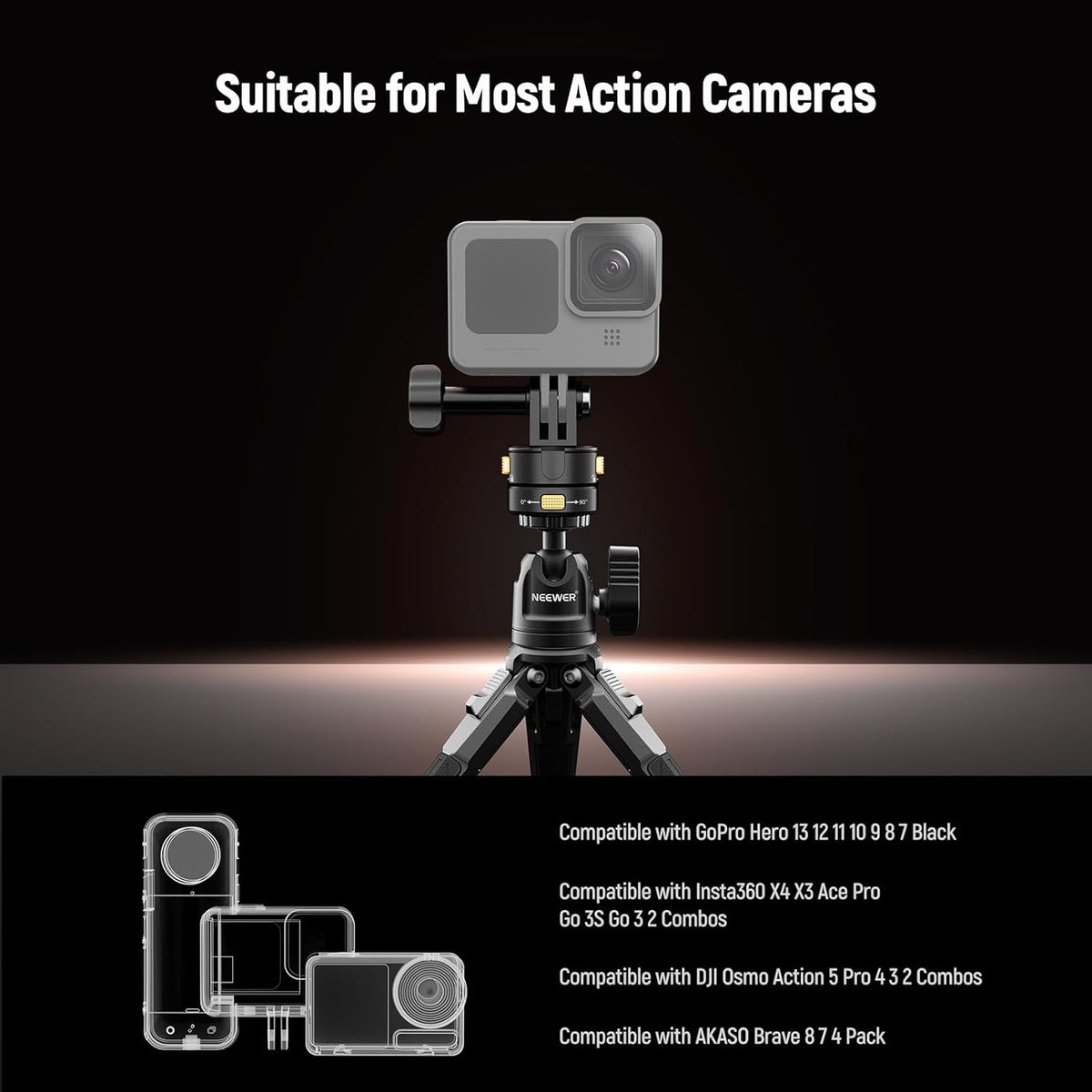 Neewer 6 in 1 Action Camera Mount Kit, Compatible with Hero 13 12 11 Max DJI Osmo Action Insta360, Metal Magnetic Quick Release Mount with 1/4" Thread & Folding Fingers for POV Shots, GP-23