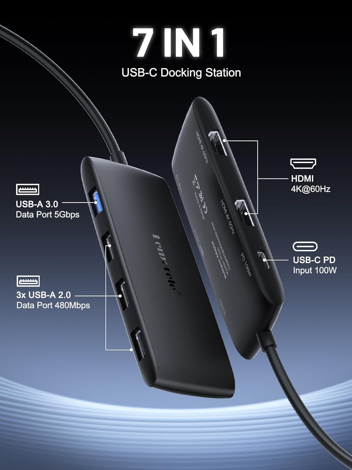 Lemorele Docking Station Dual Monitor 4K 60Hz, 7 in 1 USB C Dongle Multiport Hub Adapter w/2 HDMI + 1 USB 3.0+ 3 USB 2.0+ 1 PD 100W, for MacBook/Dell/HP/Lenovo ThinkPad Type-C Laptop