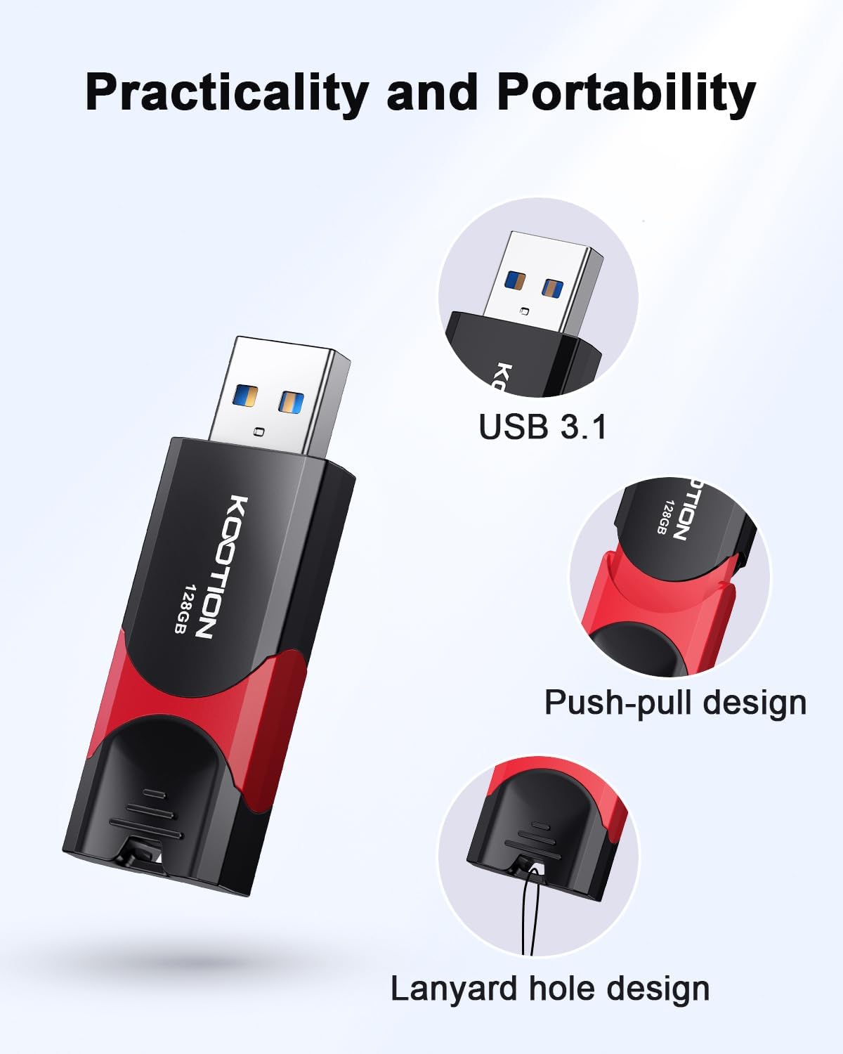 KOOTION 128GB USB Thumb Drive 3.1 Flash Drive Ultra High Speed up to 150MB/s, Retractable Memory Stick, 128G External Solid State Flash Drive