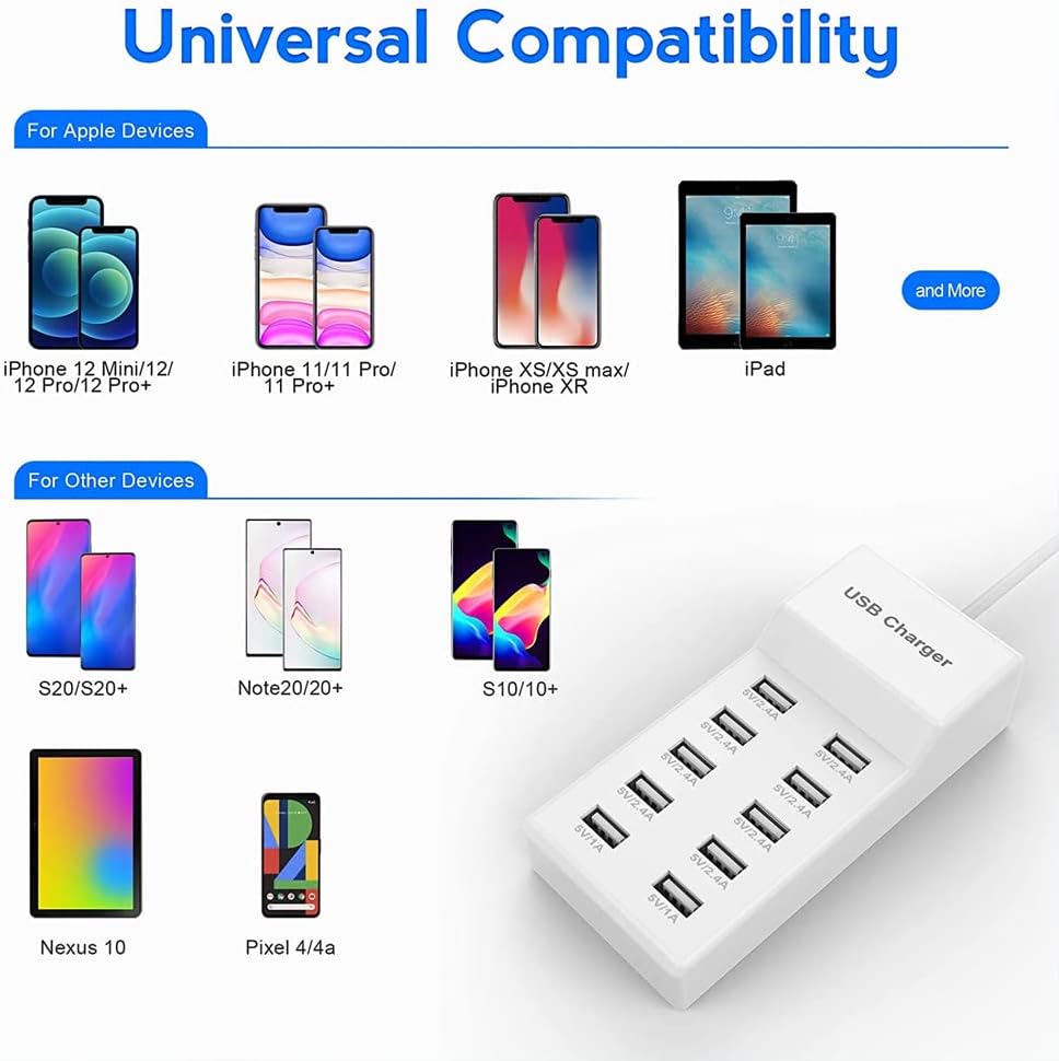 10-Port USB Wall Charger Station with Rapid Charging Auto Detect Technology Safety Guaranteed Family-Sized USB Ports for Multiple Devices Smart Phone Tablet Laptop Computer