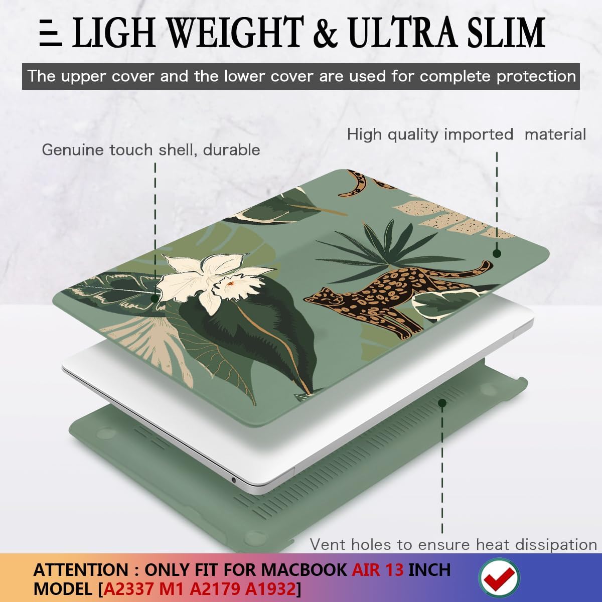 CISSOOK Compatible with MacBook Air 13 inch Case 2021 2020 2019 2018 Release Model M1 A2337 A2179 A1932, Midnight Green Hard Case Leopard Cover for MacBook Air 13 inch with Touch ID - Panther Leopard