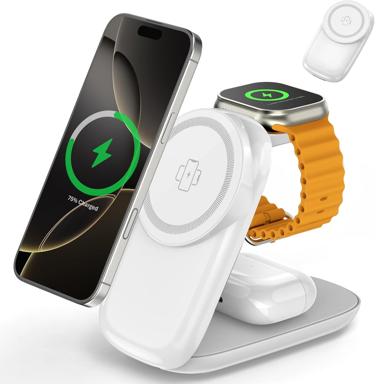 Foldable Wireless Charger, Fast Max Charging for iPhone 16/15/14/13/12 Pro Max, 3 in 1 Charging Station for Apple Watch 10－3 & AirPods Pro/4/3（White