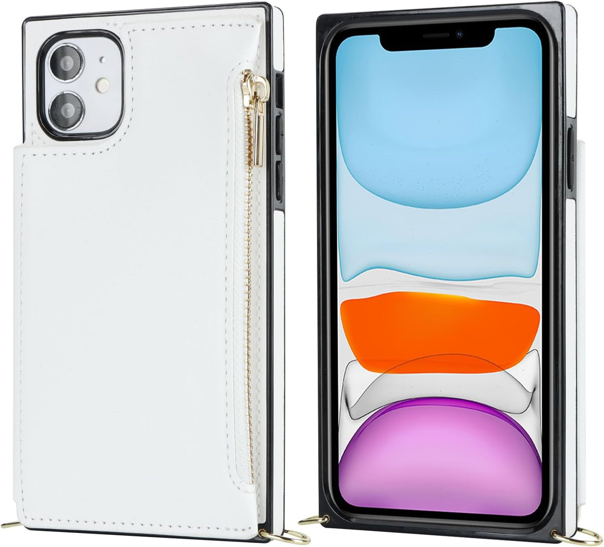 Bocasal Crossbody Wallet Case for iPhone 11 with Card Holder,Zipper Card Slot Protector Shockproof Purse Cover with Removable Cross Body Strap 6.1 Inch (White)