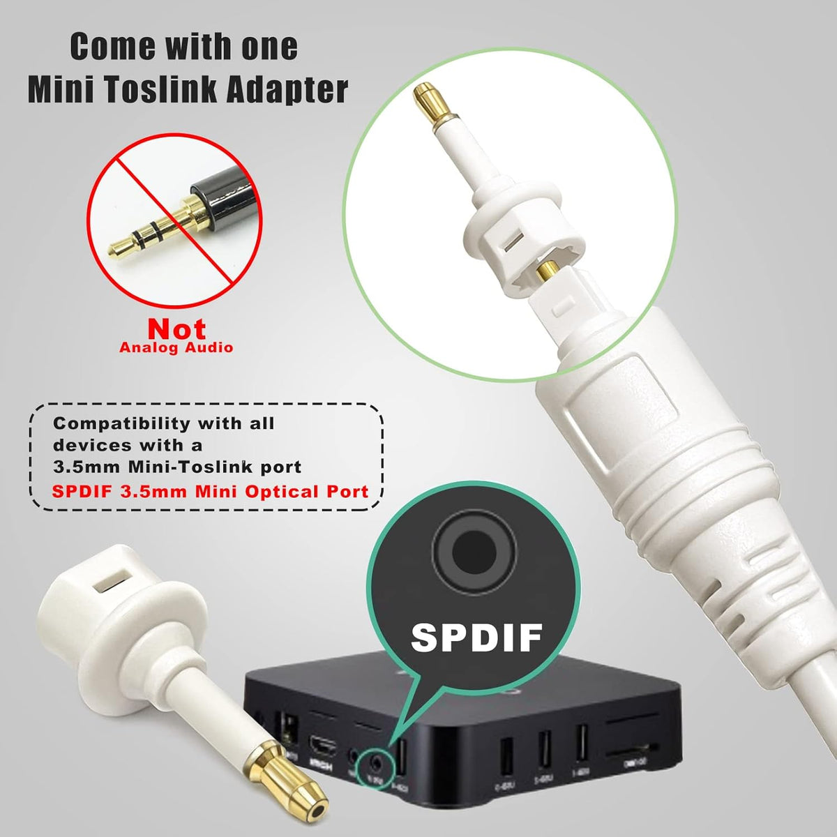 60 Bar/TV/PS4/Xbox feet White Optical Audio Cable, Slim Toslink Digital Fiber Optic Audio Cord for Sound