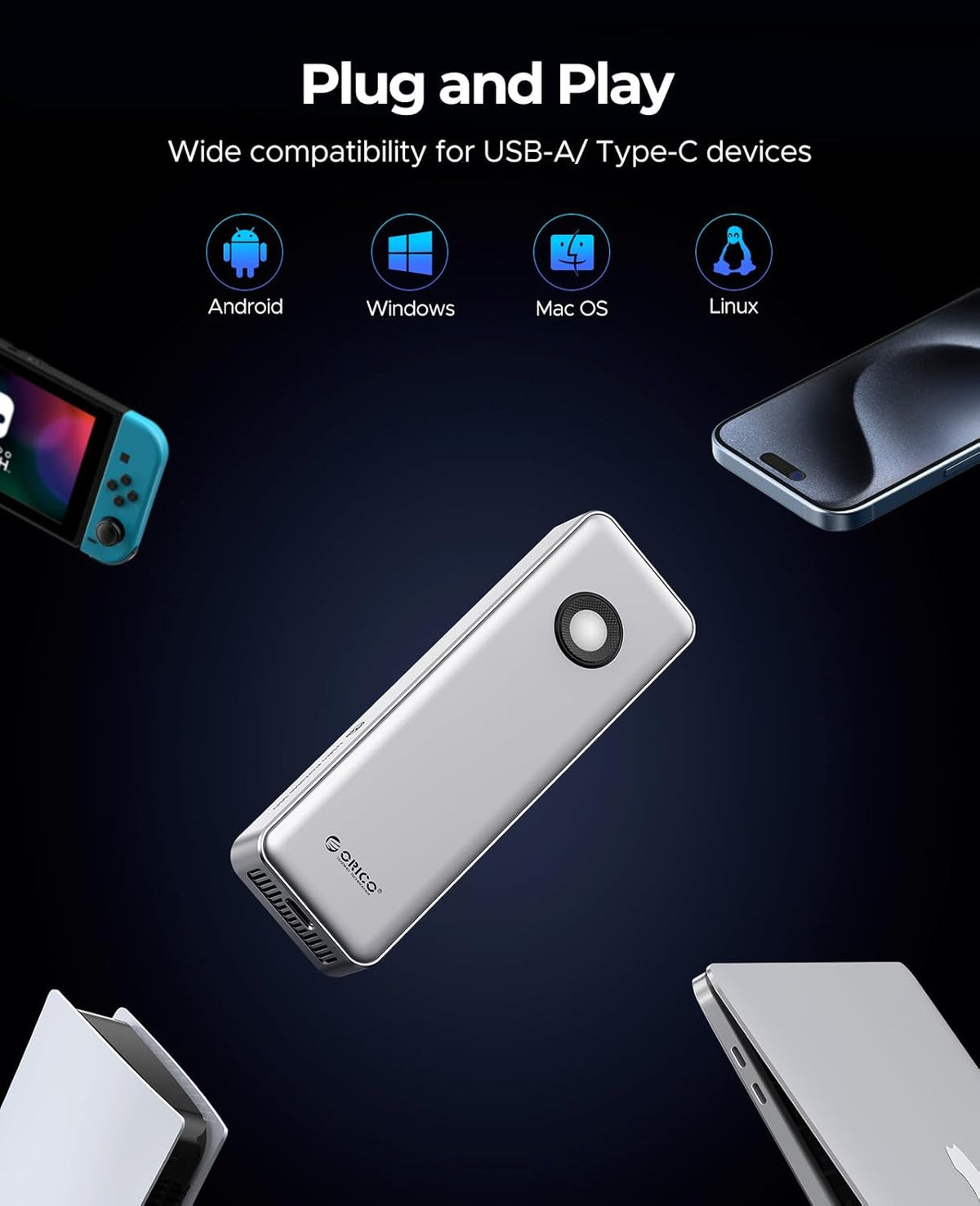 ORICO 2TB Portable SSD for 3700MB/s, RGB External Solid State Drive with 40Gbps 2 in 1 USB C Cable, Built-in Cooling Fan, Compatible with Thunderbolt 4/3, USB 4.0, PSSD - R3700