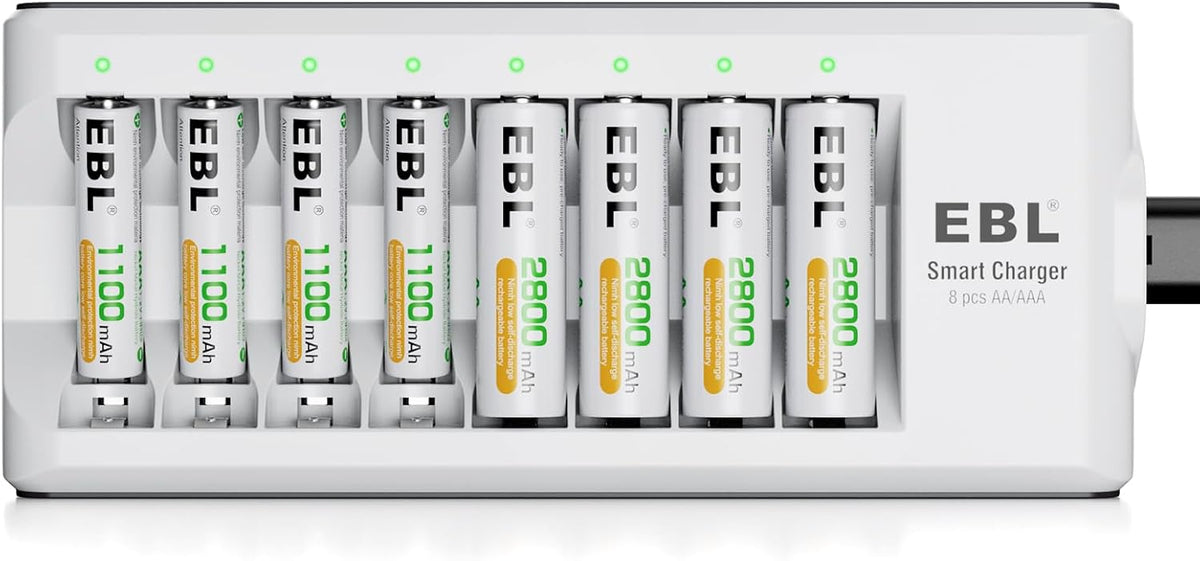 EBL 1.2V 2800mAh 4Counts 1100mAh 4Counts 8-Bay Rechargeable Batteries with Charger, NiMH AA Batteries & AAA Batteries